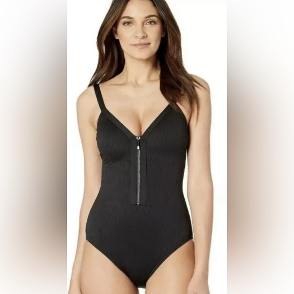 kate spade ♠️ Marco Island Zip Cruise 2020 One Piece Black Ribbed Swimsuit